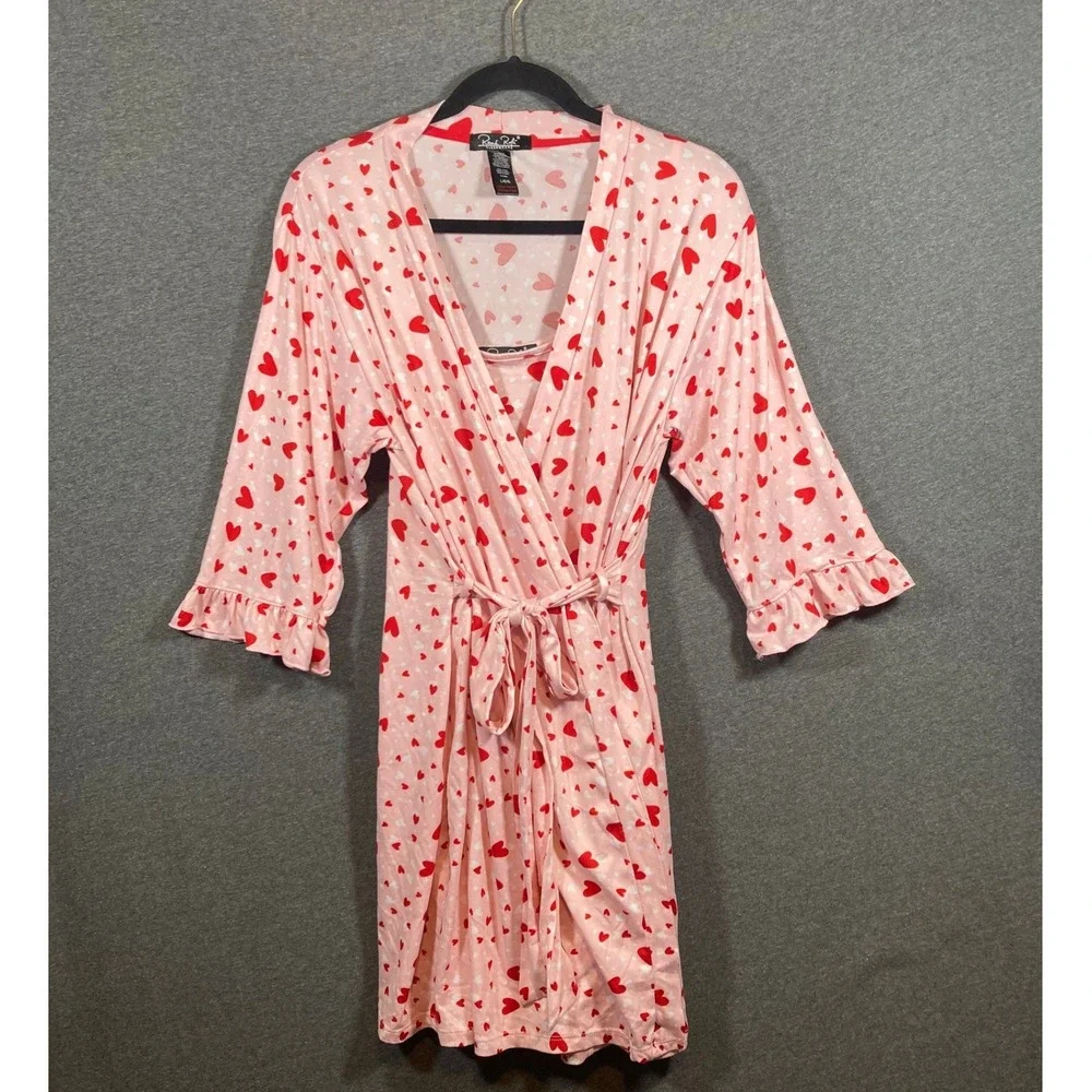 Rene Rofe Womens Pink Heart Print 2pc Chemise and Robe Set Large 517817